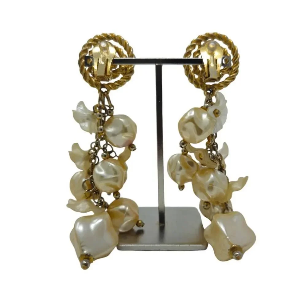 Large Vintage Runway Statement Gold Swirl & Floral Pearl Beaded Dangle Earrings